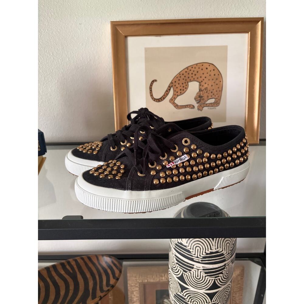 Superga 2750 Studded Sneakers Womens 6.5 Black Canvas Gold Stud Shoes